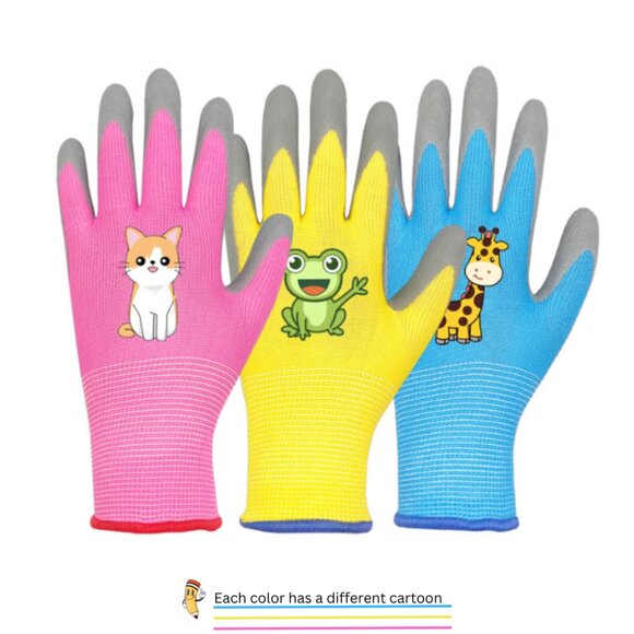Paknada Kids Garden Gloves 3Pair Latex Coated Pink Yellow Blue Anti-Slip Cartoon - Picture 2 of 11